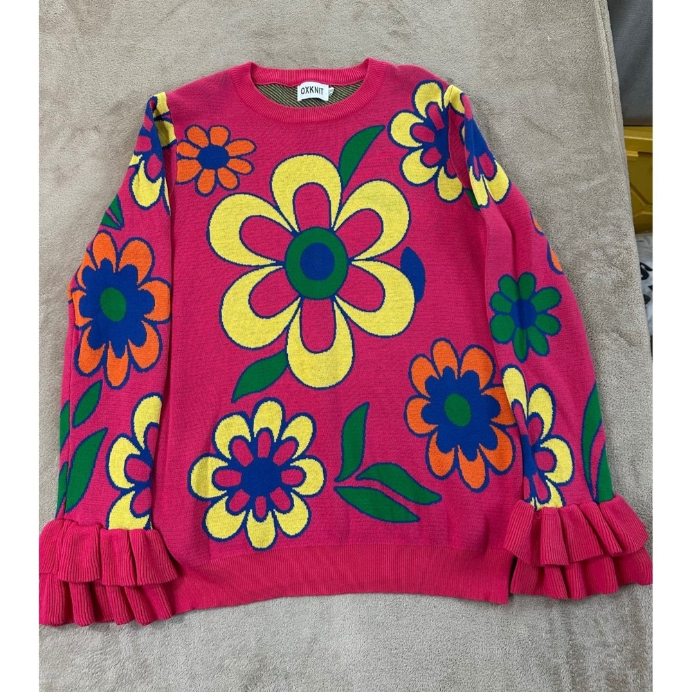 OXKNIT Floral Ruffled Knit‎ Sweater Women's Size 2XL Pink floral EUC